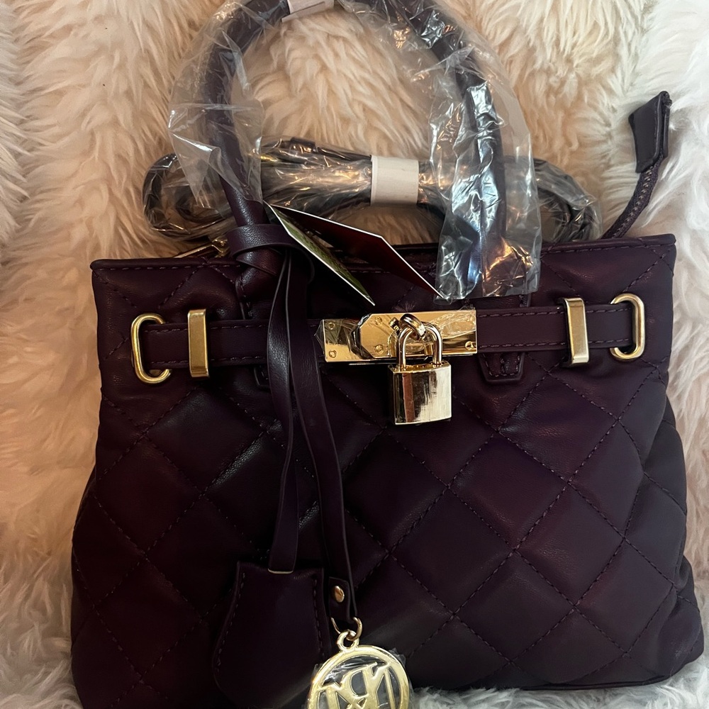 Badgley Mischka Quilted Plum Satchel with Gold Hardware